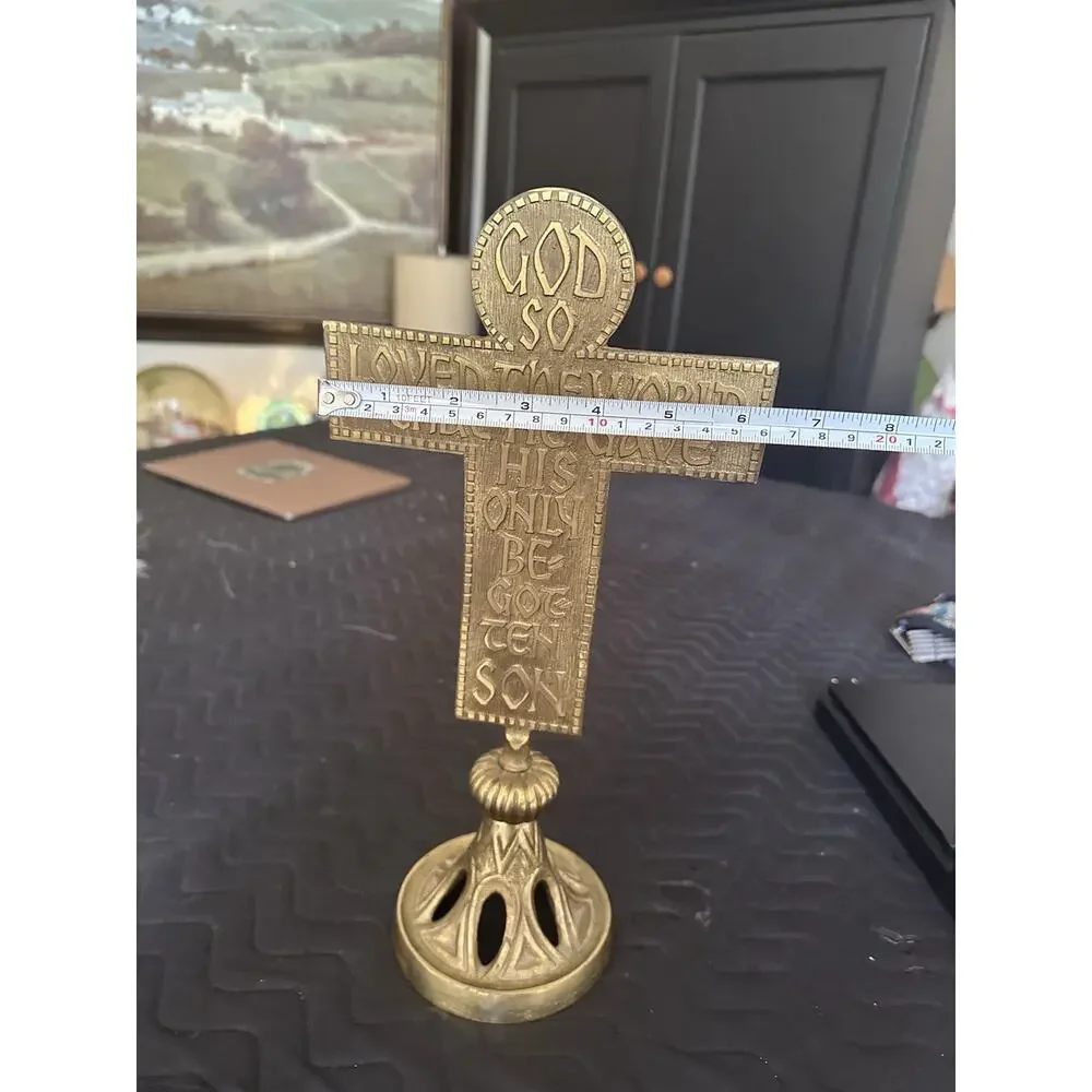 Altar Cross Brass & Enamel Crucifix Terra Sancta Handmade Israel 13” Mid Century